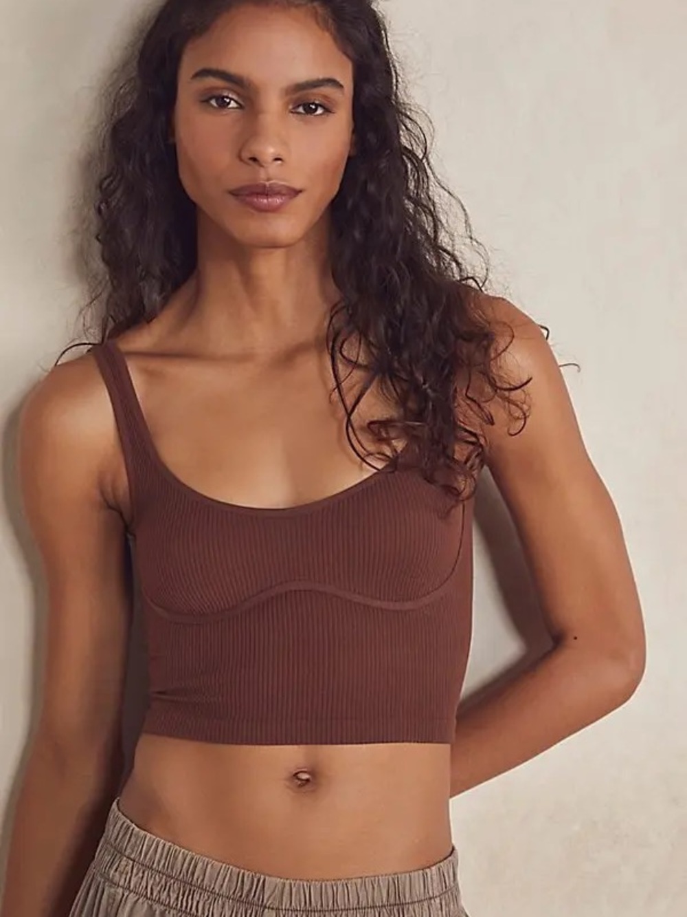Ribbed Scoop Crop Bralette in Brown